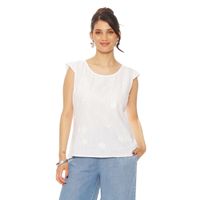 Blusa Manga Corta Lino Bordado Escote Redondo