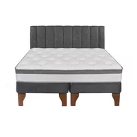Cama Europea Stella 2 Plazas + Base Gris Patas Madera Color Caoba + Respaldo Lino Tubular Gris