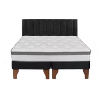 Cama Europea Stella 2 Plazas + Base Negro Patas Madera Color Caoba + Respaldo Lino Tubular Negro