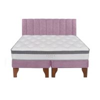 Cama Europea Stella 2 Plazas + Base Rosado Patas Madera Color Caoba + Respaldo Lino Tubular Rosado