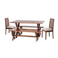 Juego De Comedor Sevilla 2 Sillas  Tenerife + 2 Bancas Tela Lino Blanco