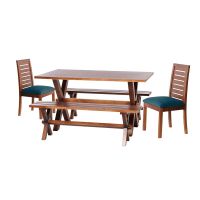 Juego De Comedor Sevilla 2 Sillas  Tenerife + 2 Bancas Tela Velvet Azul Petroleo