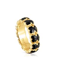 Anillo mediano baño de oro 18 kt sobre plata y osos en ónix