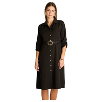 Vestido Midi Negro Manga Roll Up con Cinturón