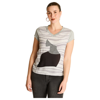 Polera Gris Mix Fabric con Print Frontal y Cuello con Lurex