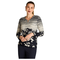 Polera Azul Manga Larga Estampada con Detalle en el Escote