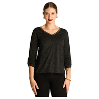 Polera Negra Manga Larga Roll Up con Cuello V y Aplicaciones