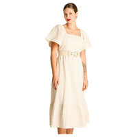 Vestido Largo Arena Manga Corta con Bordado y Cinturón