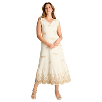 Vestido Midi Beige Con Broderie y Forro