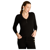 Sweater Negro Manga Larga con Escote en V y Botones