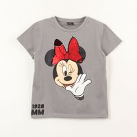 Polera Manga Corta Niña Minnie Lentejuelas Moño Gris Disney