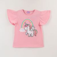 Polera Manga Corta Niña Rosado Arcoíris Unicornio