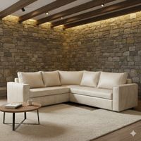 Sofa Seccional Jack cuero blanco bone cafe sintetico envejecido y asientos de resortes pocket