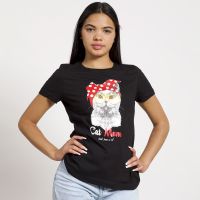 POLERA MANGA CORTA NEGRA ESTAMPADO GATITA