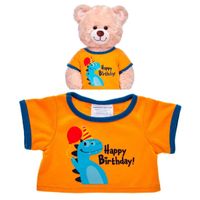 Polera Build a Bear cumpleaños dino naranja franjas azules