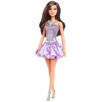 Muñeca Barbie Fashionista vestido metálico morado