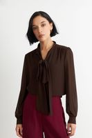 Blusa Manga Larga con Corbatín Café Nicopoly