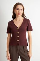 Polera Hilo Cuello V Botones Café Nicopoly