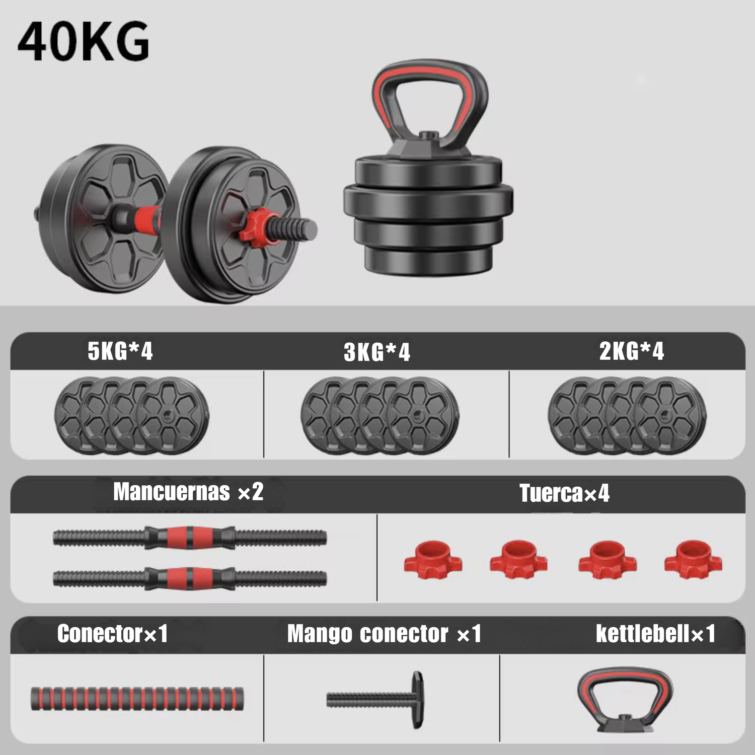 Mancuernas 40 Kg Barra Ajustables 3 En 1 Roja-1
