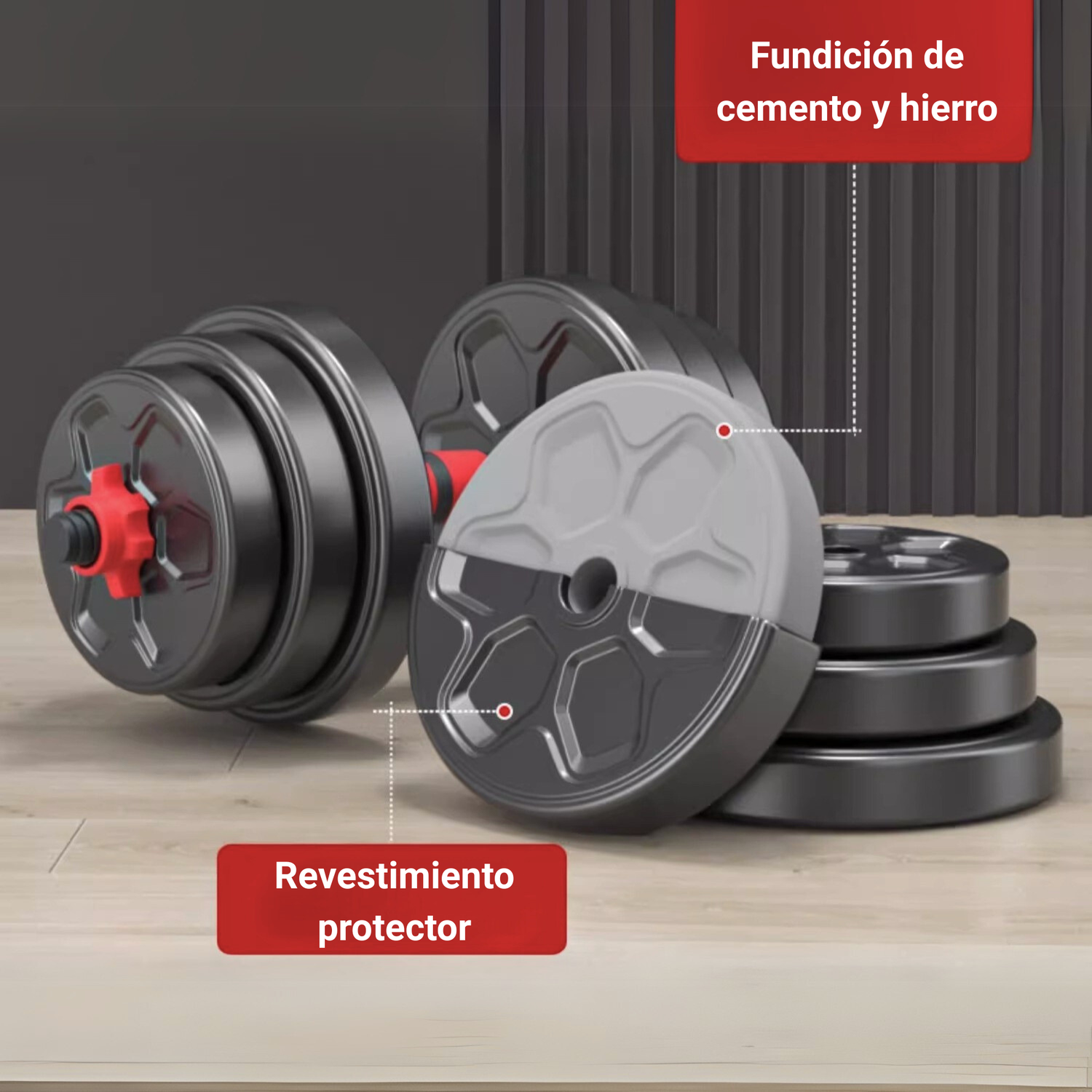 Mancuernas 40 Kg Barra Ajustables 3 En 1 Roja-3