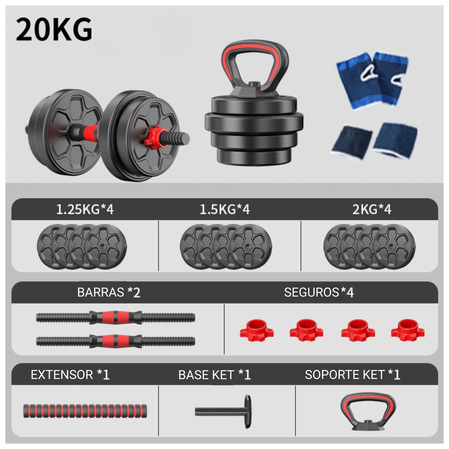 Set Mancuernas Barra Ajustables 20 Kg 3 En 1 rojo-2