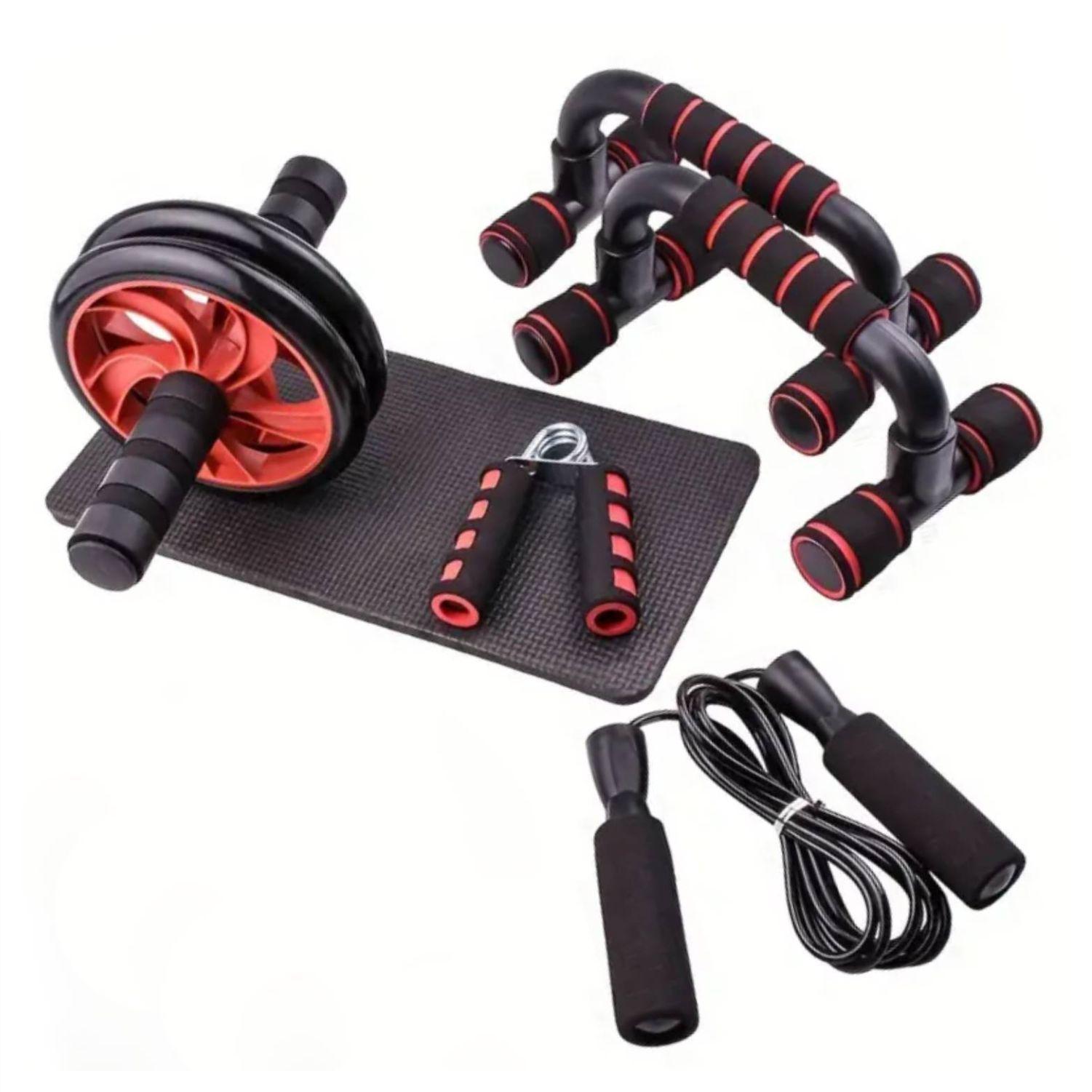 Set Rueda Abdominal - Cuerda Saltar - Mangos Push Ups Rojo-1