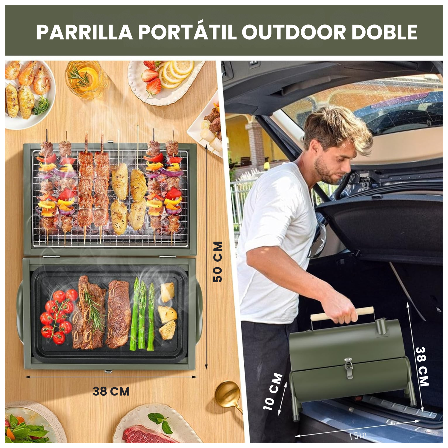 Parrilla Ahumador Doble Portatil Carbon Camping-2