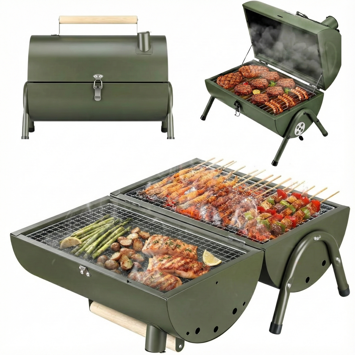 Parrilla Ahumador Doble Portatil Carbon Camping-0