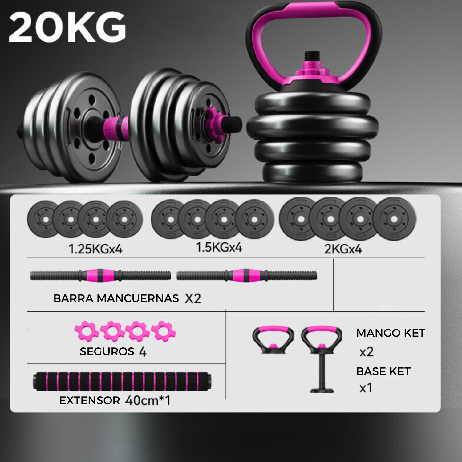 Set Mancuernas Barra Rusa Ajustables 20 Kg 4 En 1 Rosa-3