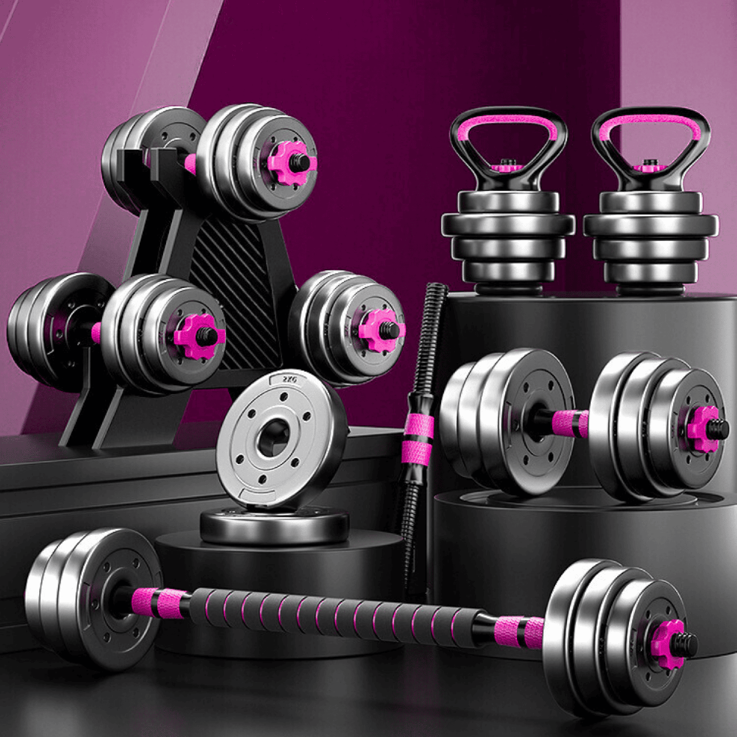 Set Mancuernas Barra Rusa Ajustables 20 Kg 4 En 1 Rosa-6