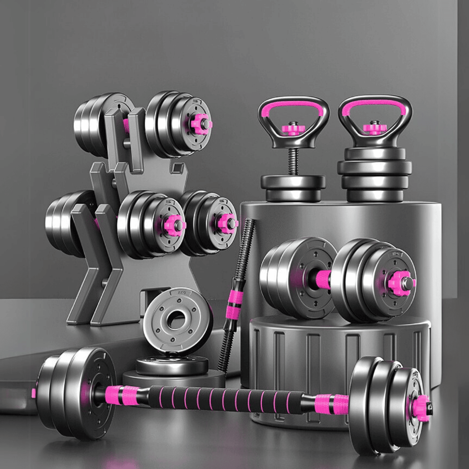 Set Mancuernas Barra Rusa Ajustables 20 Kg 4 En 1 Rosa-7