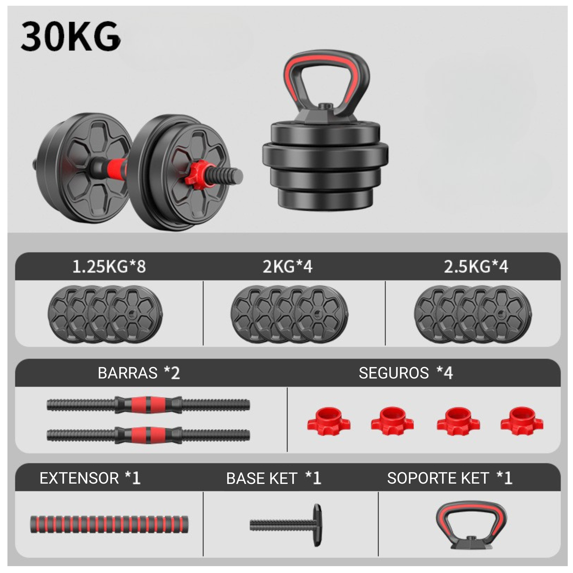 Mancuernas 30 kg Set Barra Ajustables Convertibles a barra-1