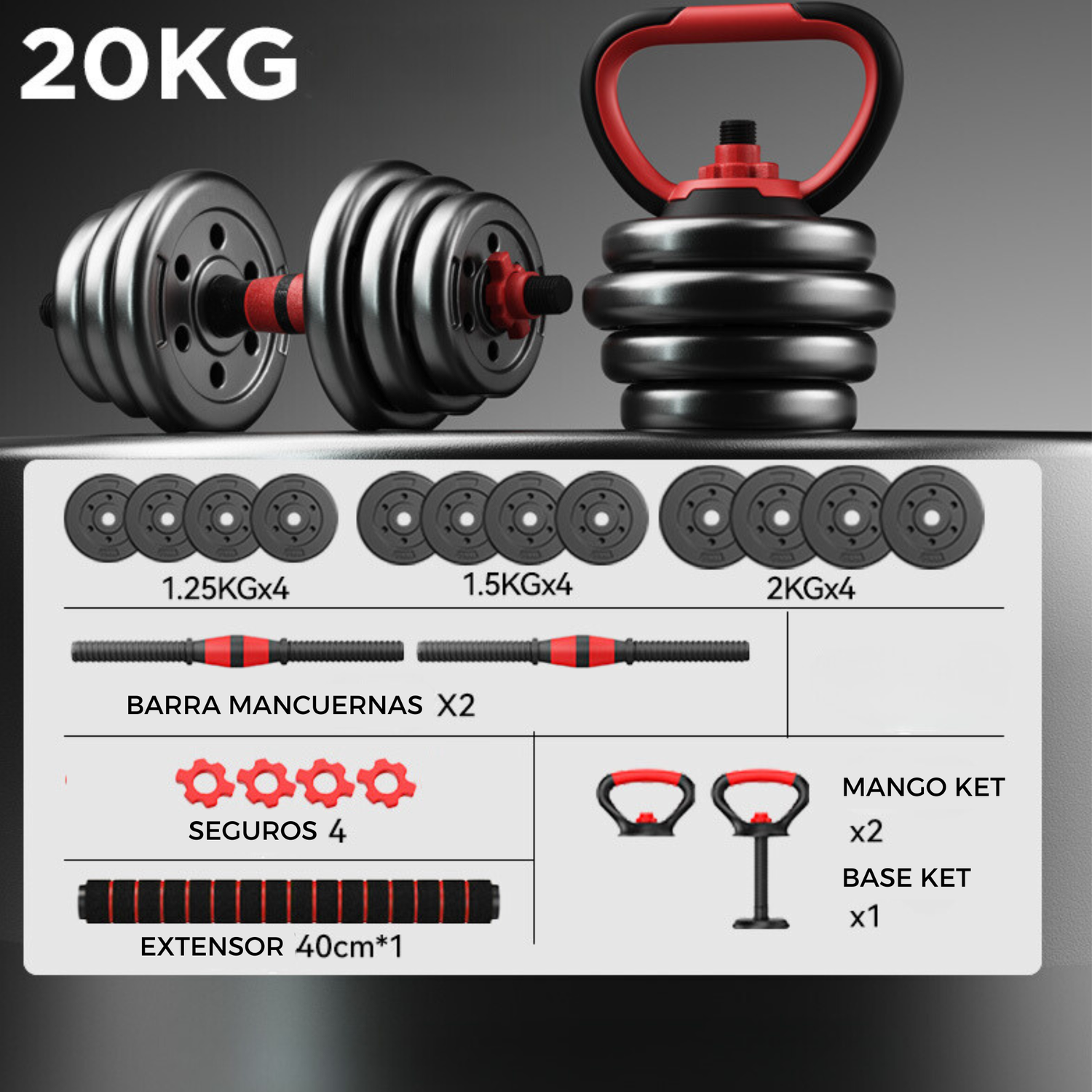 Set Mancuernas Barra Rusa Ajustables 20 Kg 4 En 1 Negro-3