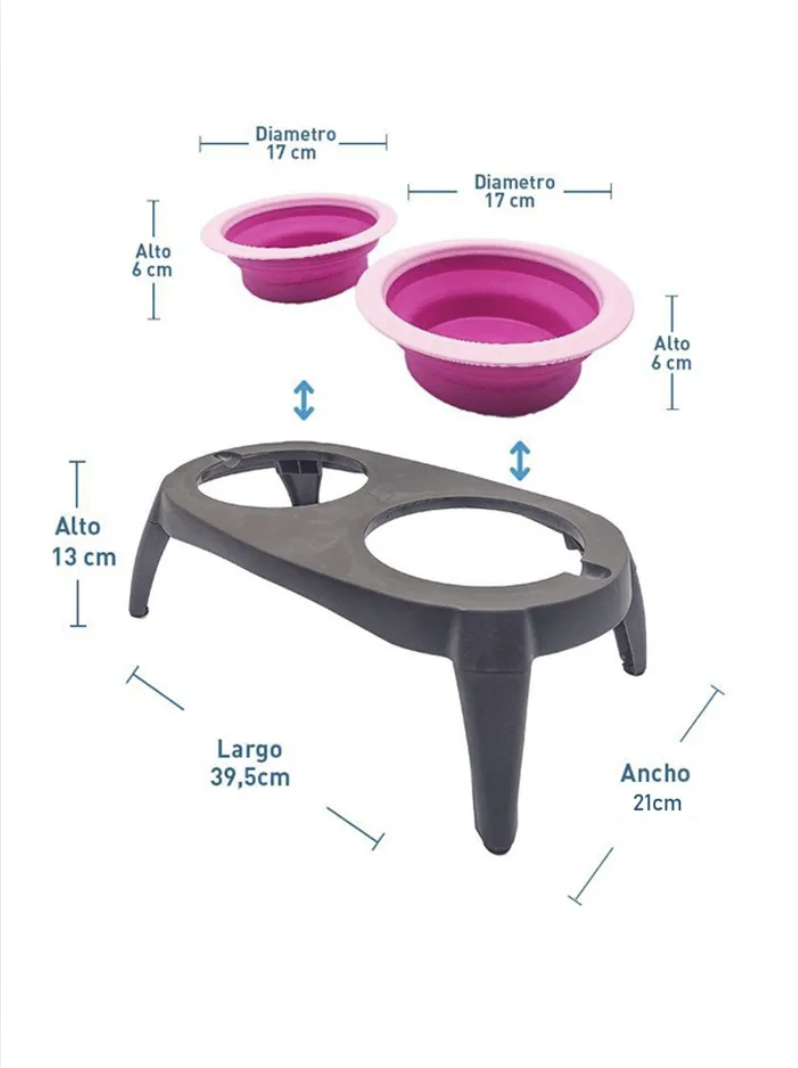 Plato Doble Mascota Plástico Y Silicona Para Perro Y Gato - ROSA-2