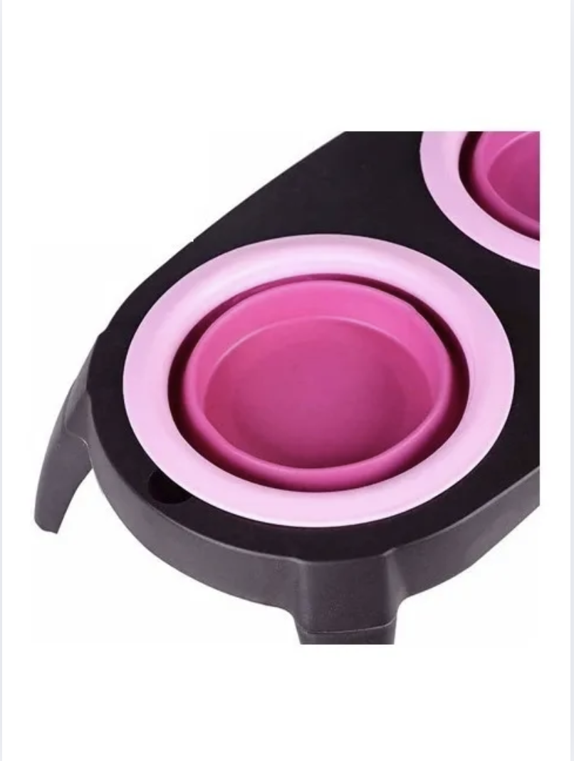 Plato Doble Mascota Plástico Y Silicona Para Perro Y Gato - ROSA-3