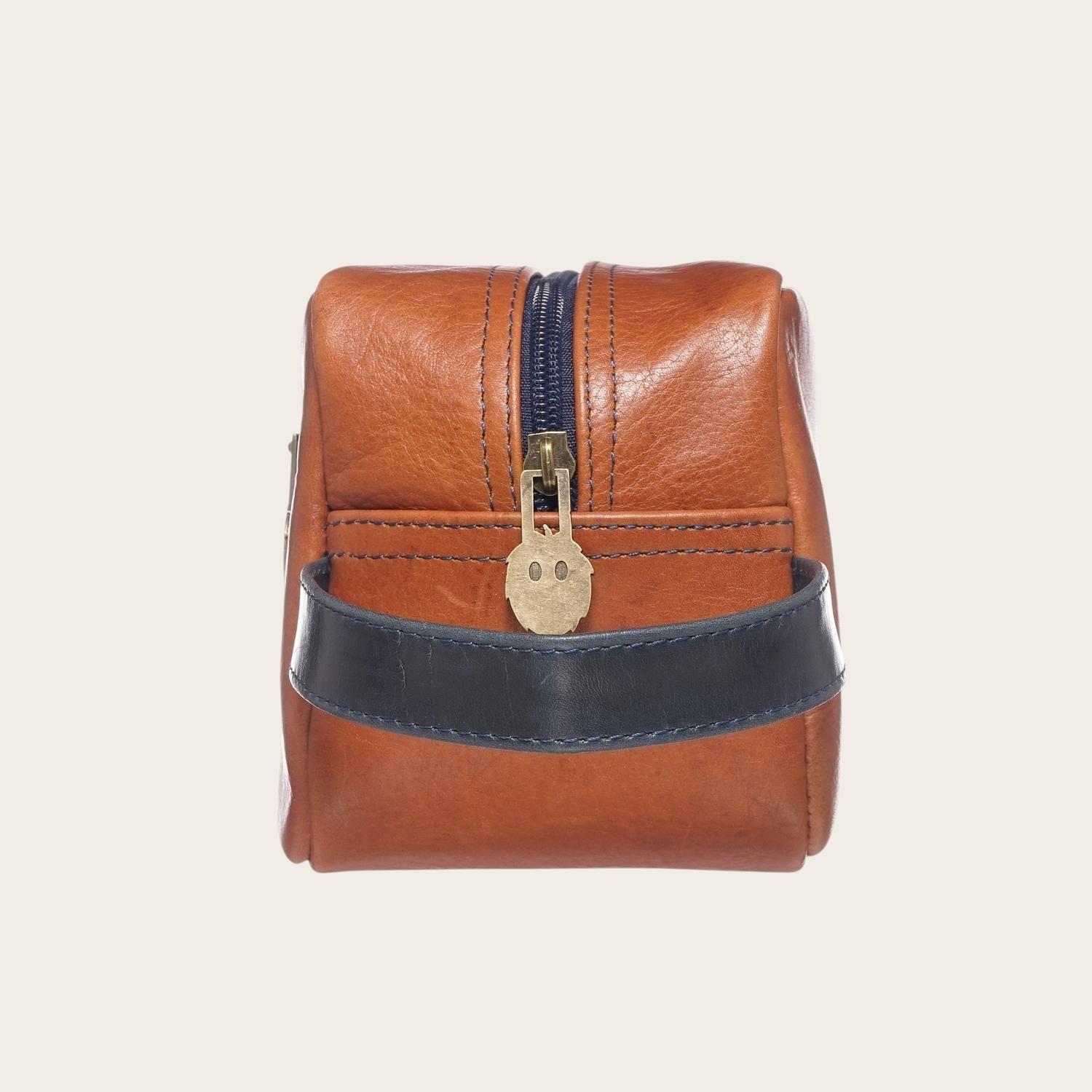 Neceser Estuche de Cuero Unisex Loa OLKI - Tostado con Azul-2