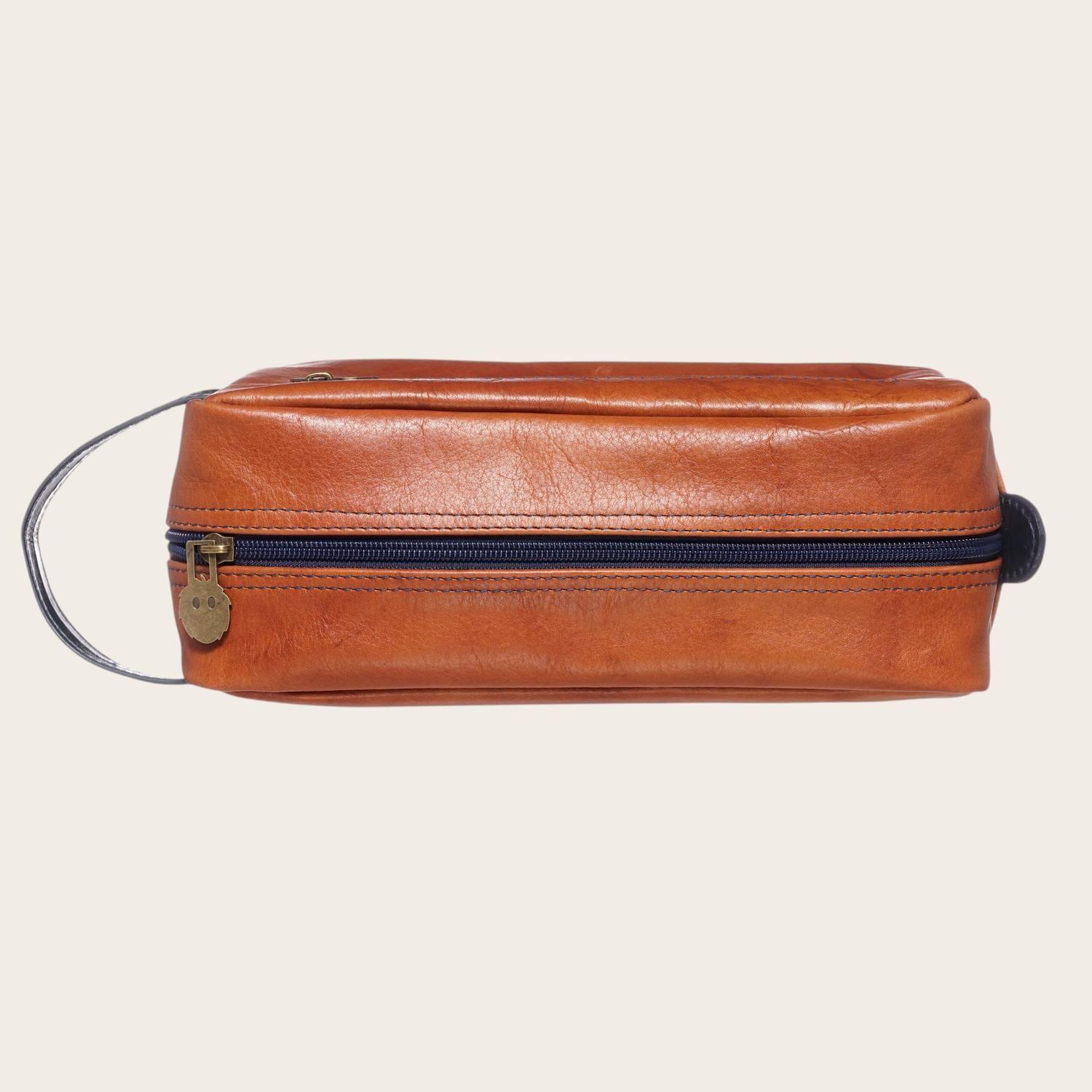 Neceser Estuche de Cuero Unisex Loa OLKI - Tostado con Azul-3