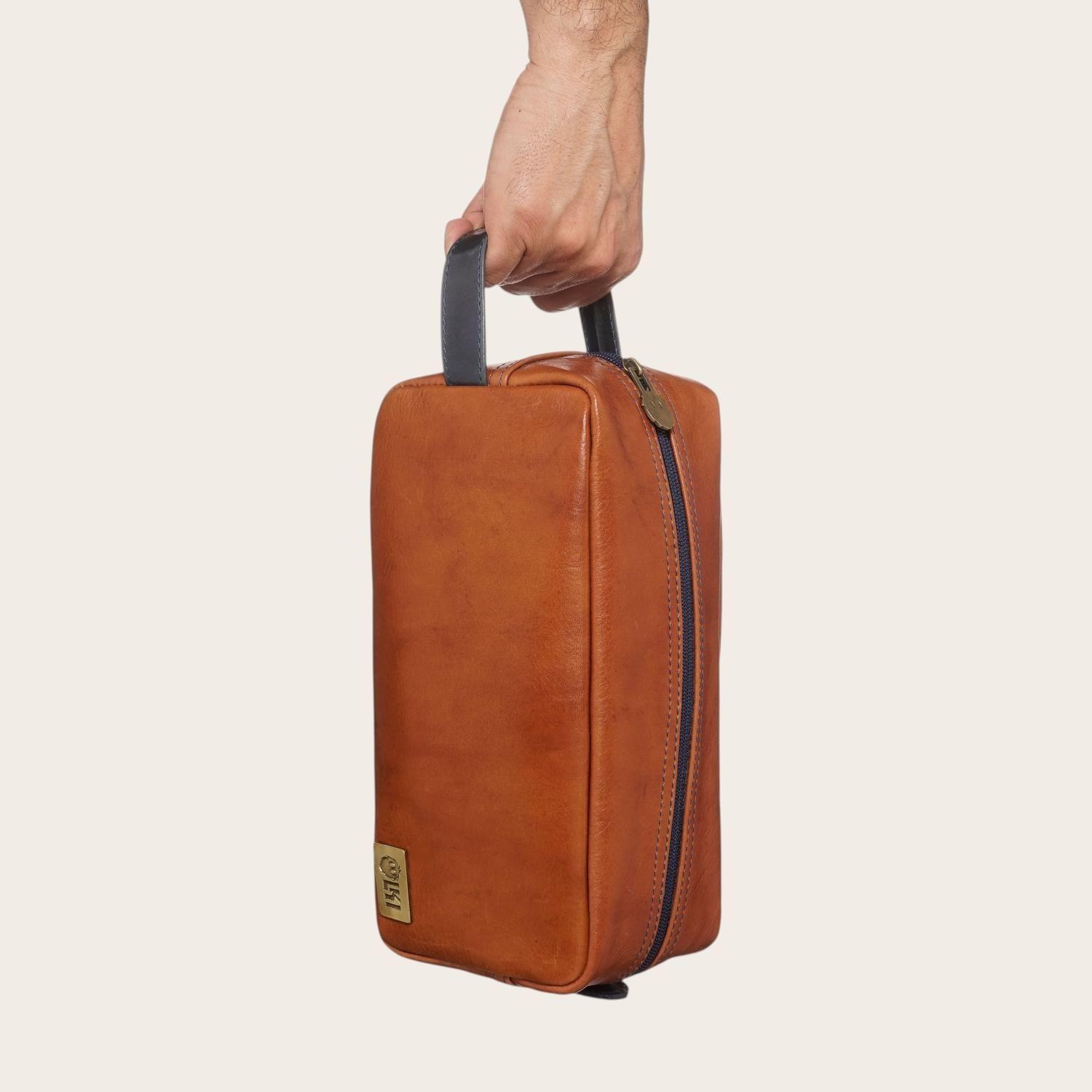 Neceser Estuche de Cuero Unisex Loa OLKI - Tostado con Azul-5