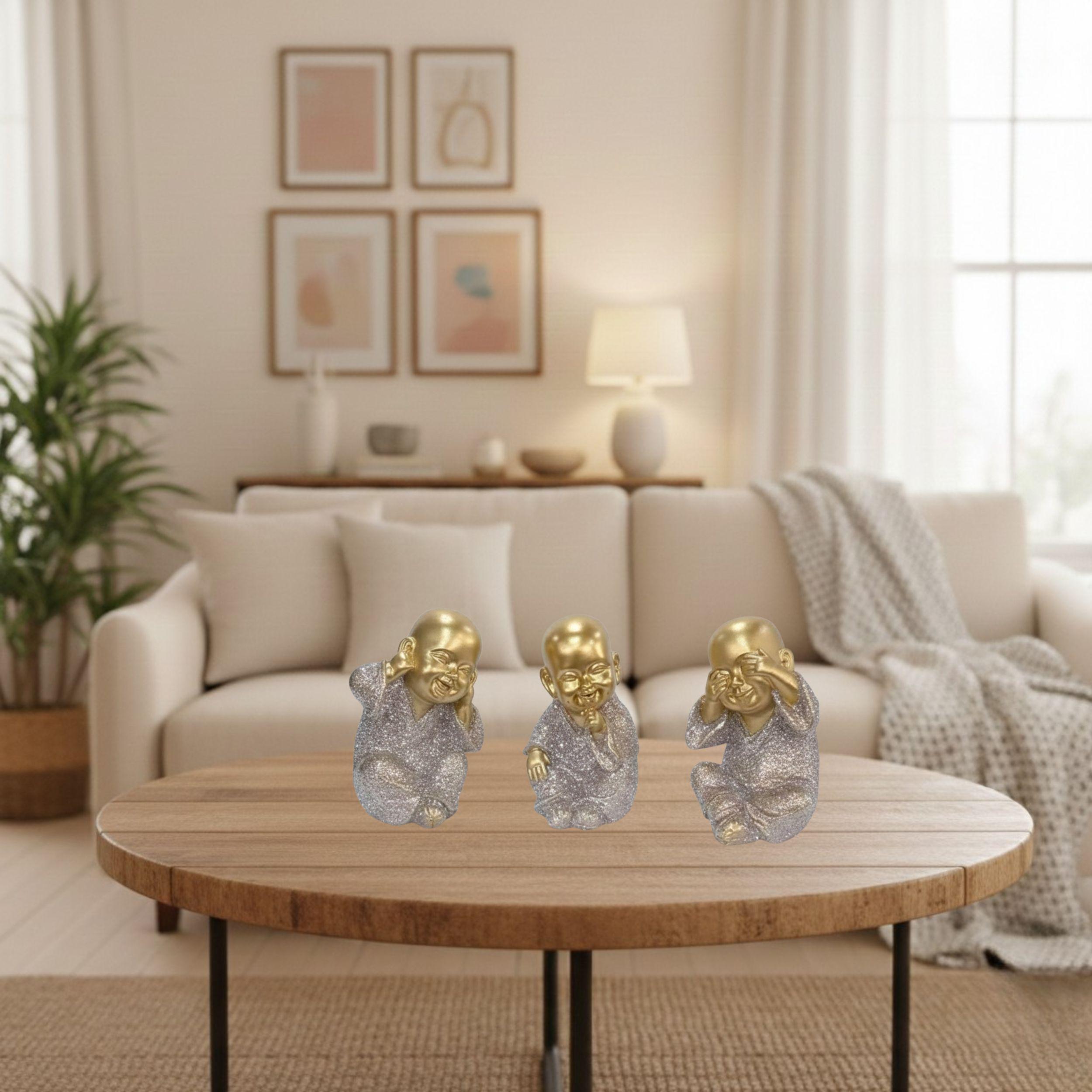 Set 3 Monjes Budistas Sonrientes Figuras Decorativas Zen ALJ-3