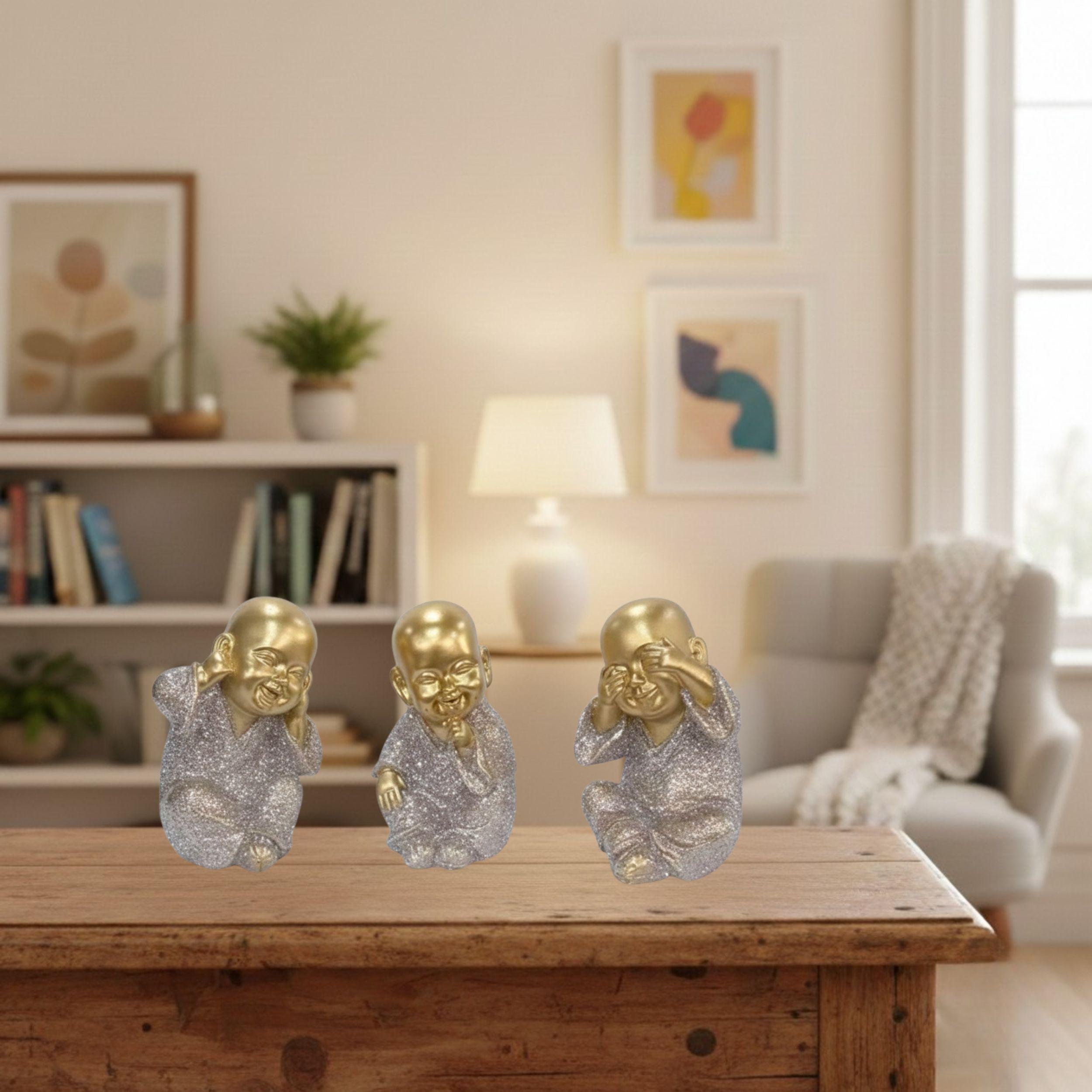 Set 3 Monjes Budistas Sonrientes Figuras Decorativas Zen ALJ-4