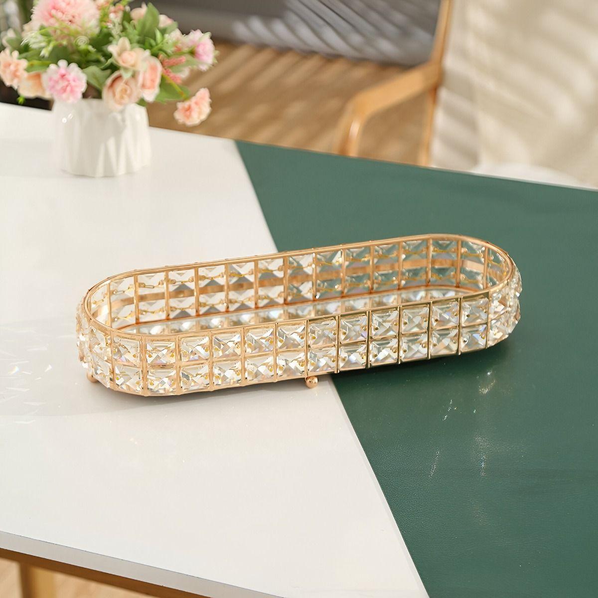 Bandeja Almacenamiento Decorativa Vidrio Ovalada Dorada Jhn-5
