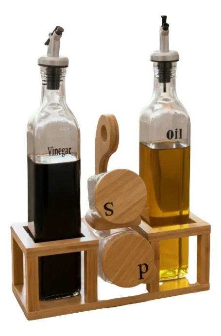 Soporte Aceitera Vinagrera Salero Pimentero Bambú Mesa Jhn-1