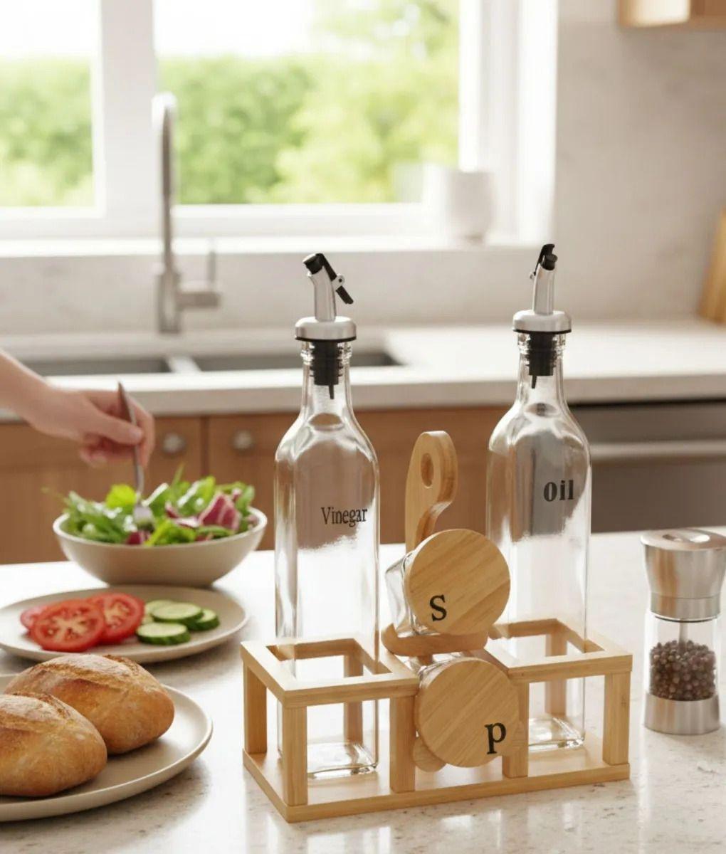 Soporte Aceitera Vinagrera Salero Pimentero Bambú Mesa Jhn-2