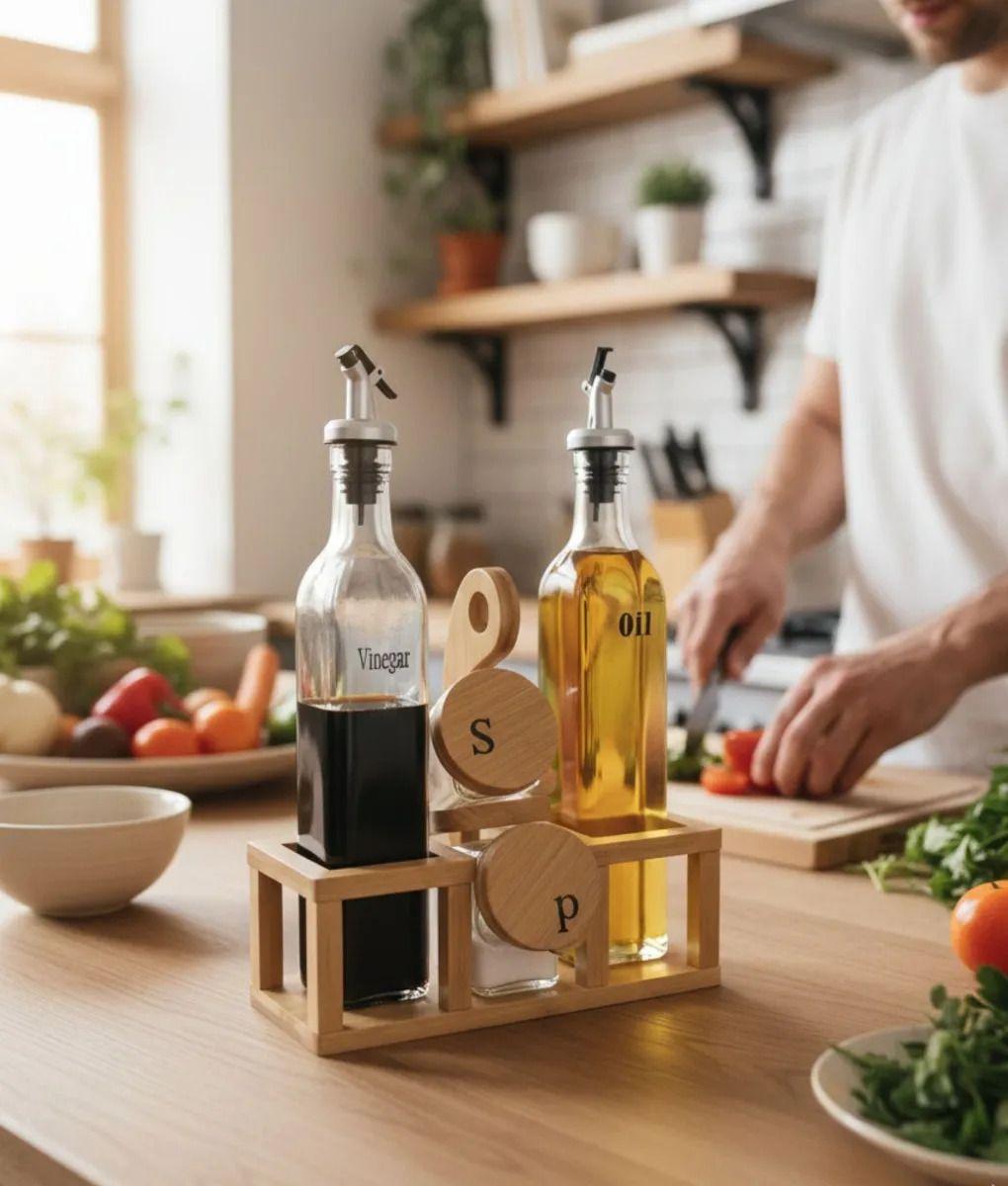 Soporte Aceitera Vinagrera Salero Pimentero Bambú Mesa Jhn-4