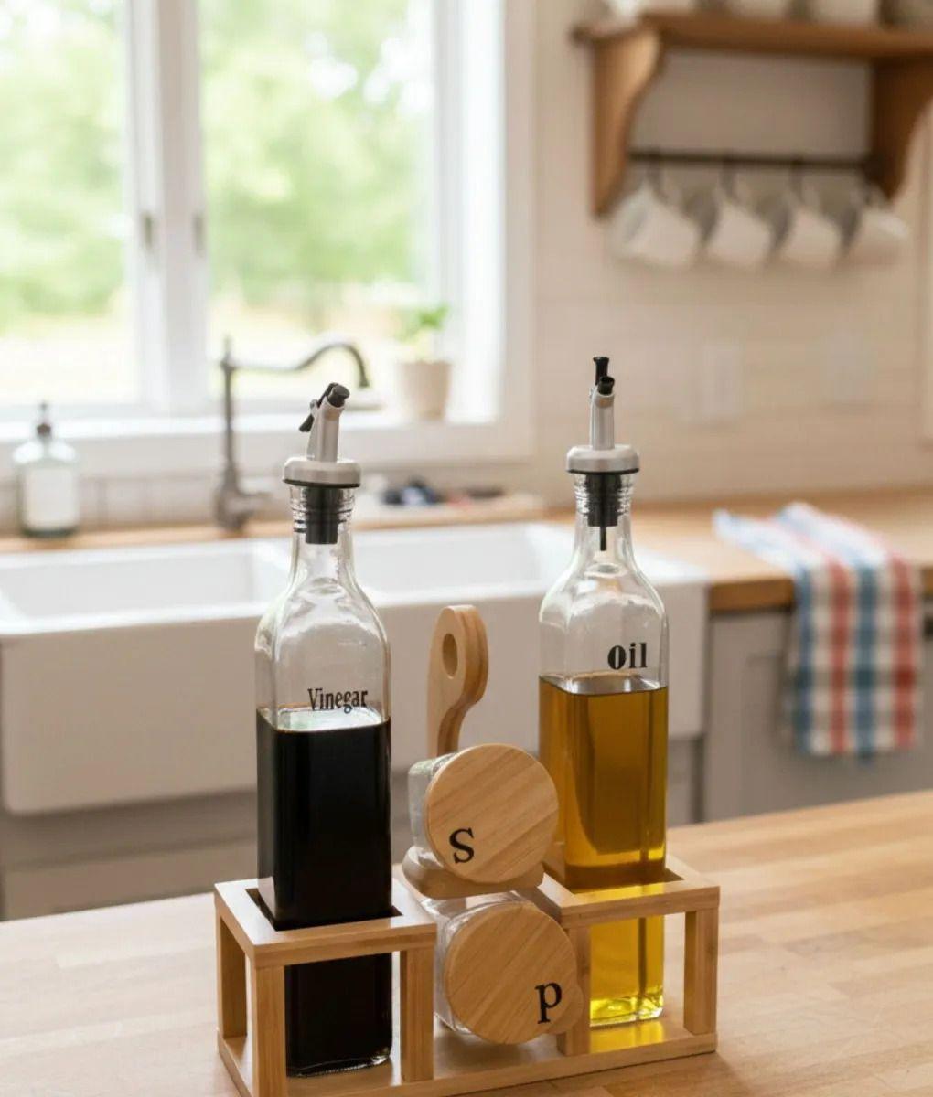 Soporte Aceitera Vinagrera Salero Pimentero Bambú Mesa Jhn-7