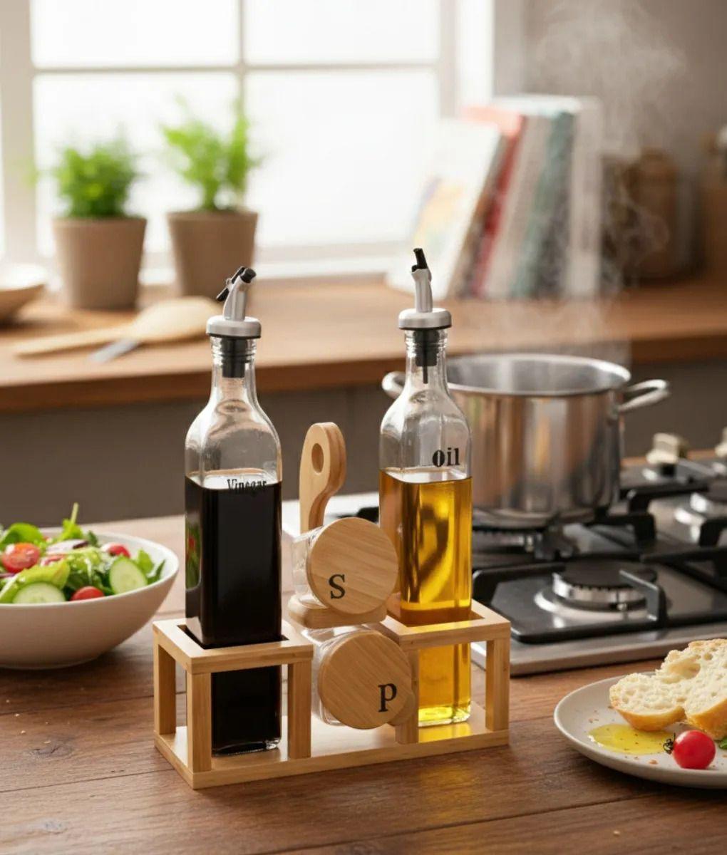 Soporte Aceitera Vinagrera Salero Pimentero Bambú Mesa Jhn-9