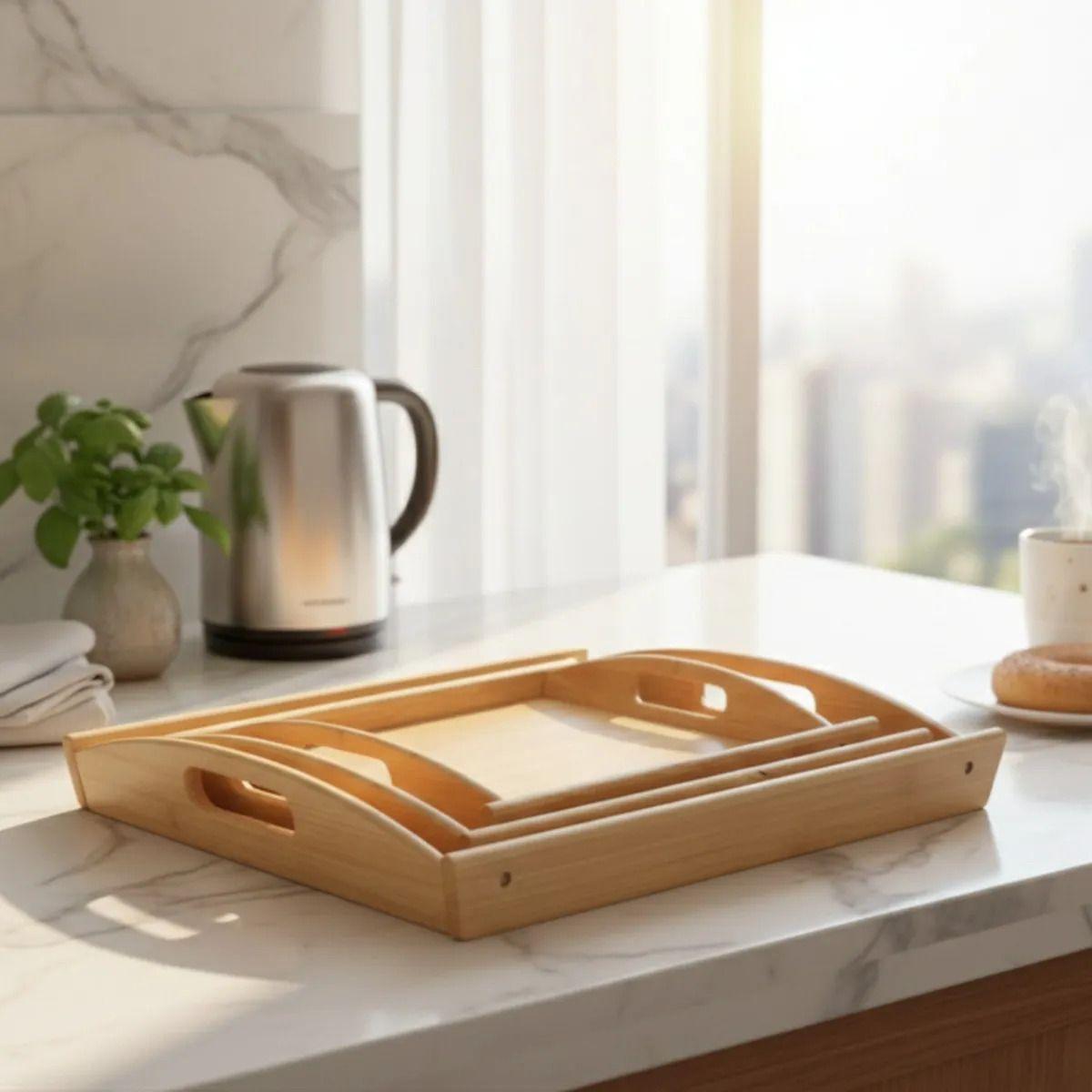 Set 3 Bandeja Decorativa Bambú Multiuso Asas Hogar Jhn-8
