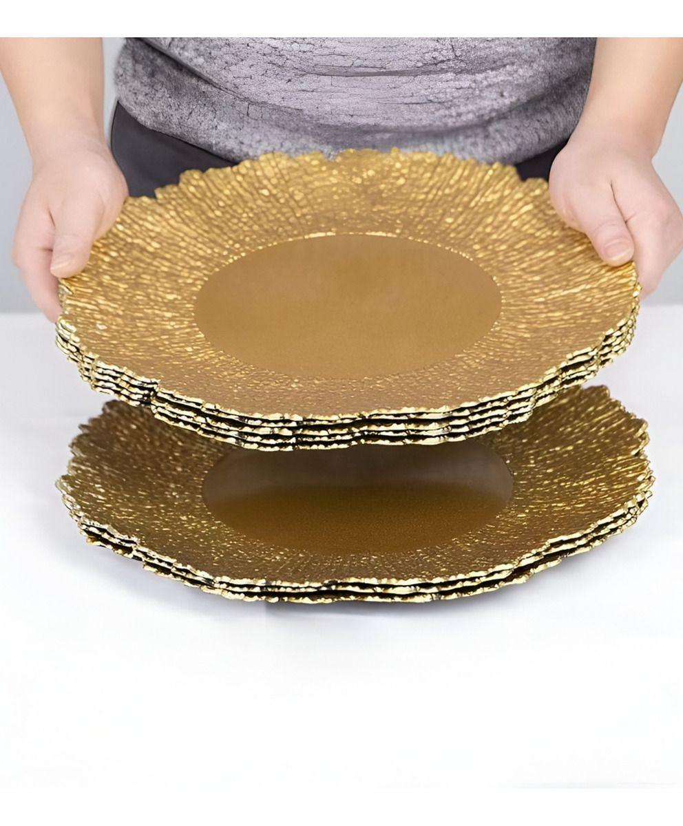 Set 3 Plato Base Redondo Dorado Brillante Decorativo Jhn-7