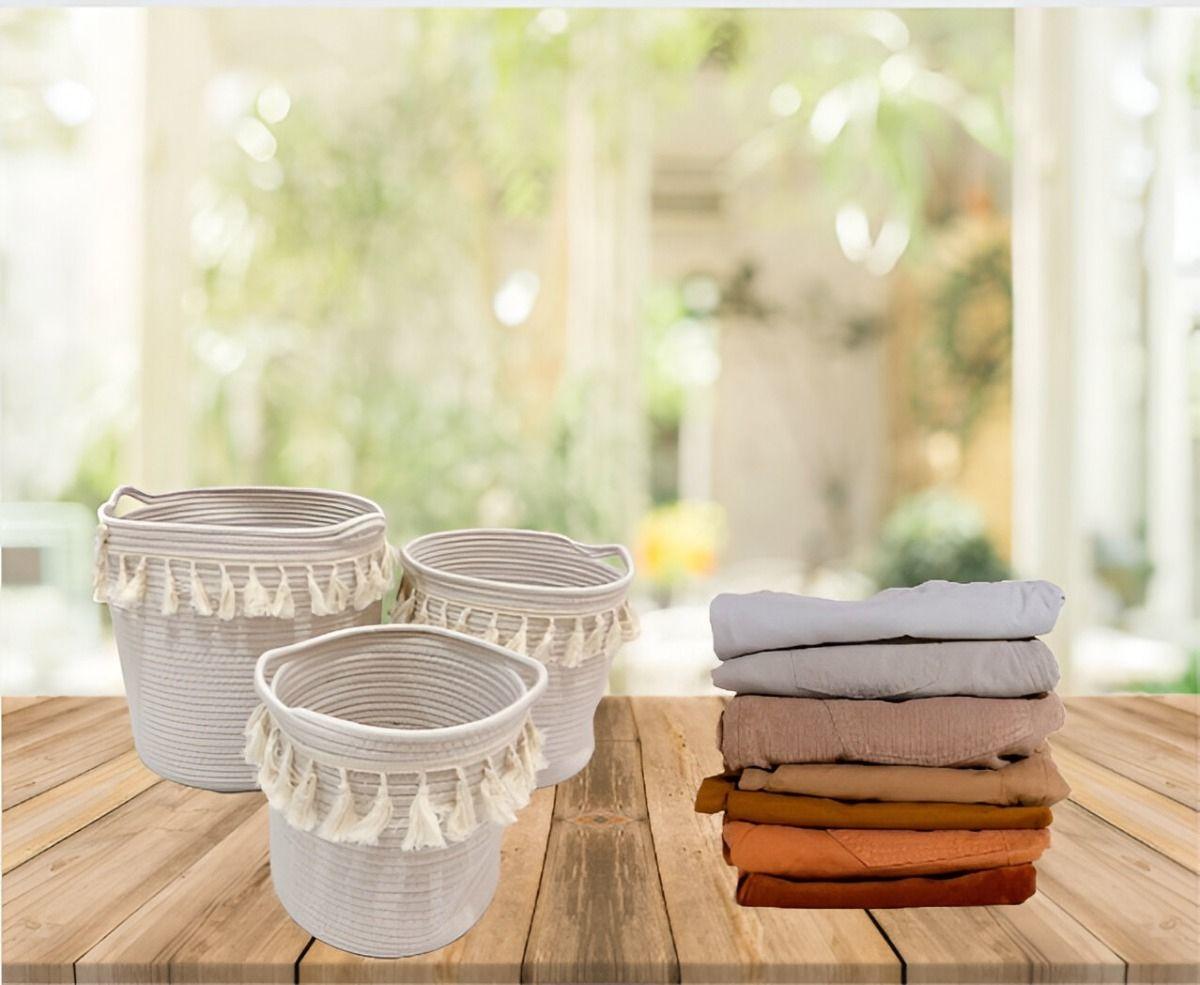 Set de 3 Cesta Canasto Decorativo Cuerda Algodón Macramé Jhn-3