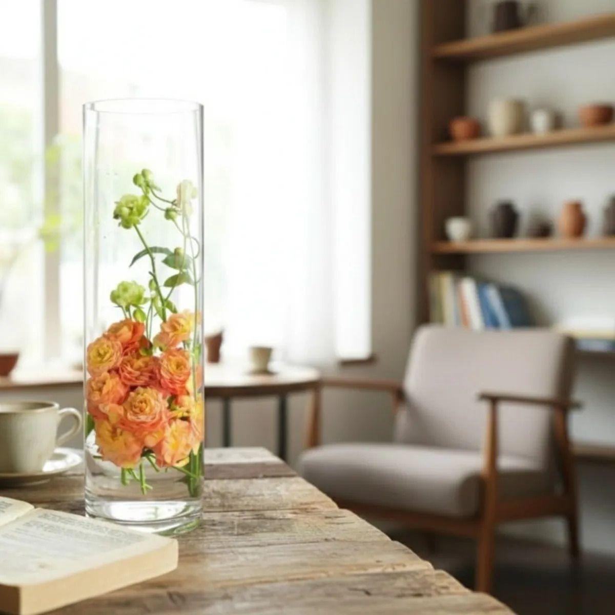 Florero Cilíndrico Transparente Alto Decoración Lujo AJ-9